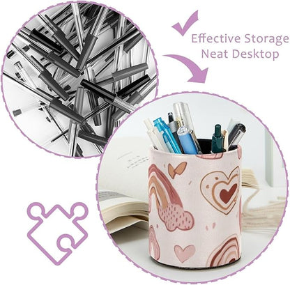 Pen Holder for Desk, Cute Hearts and Rainbows in Pastel Pink and Beige Tones Round Leather Stand Pencil Cup Office Desk Organizer for Women Men Teachers, 3.9 x 3.9 x 3.1 inches