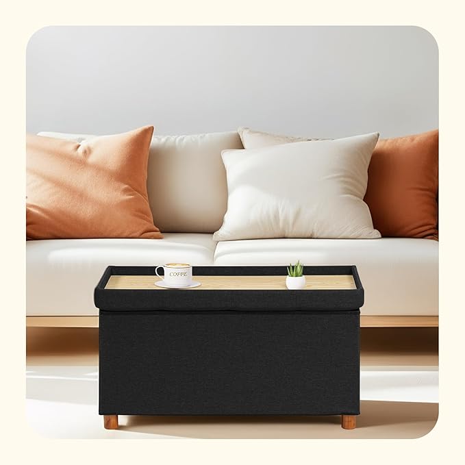 PINPLUS Storage Ottoman Cube, White Linen Footrest with Wooden Legs, Foldable Fabric Footrest, Comfortable Seat with Lid, Ottoman with Storage for Living Room, 30" x 15" x 15"，Black