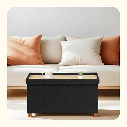 PINPLUS Storage Ottoman Cube, White Linen Footrest with Wooden Legs, Foldable Fabric Footrest, Comfortable Seat with Lid, Ottoman with Storage for Living Room, 30" x 15" x 15"，Black