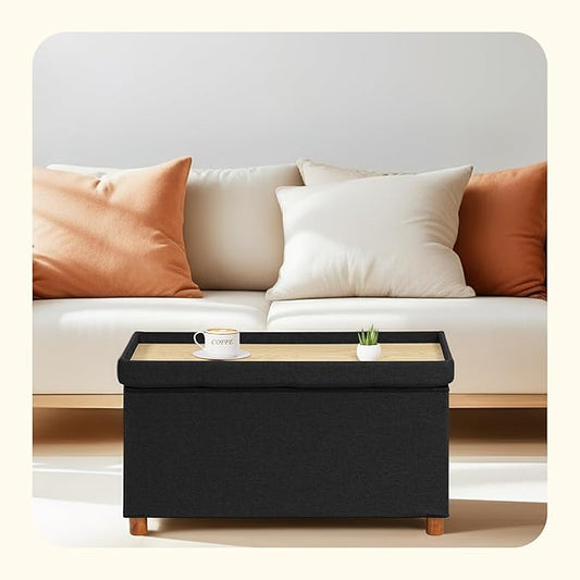 PINPLUS Storage Ottoman Cube, White Linen Footrest with Wooden Legs, Foldable Fabric Footrest, Comfortable Seat with Lid, Ottoman with Storage for Living Room, 30" x 15" x 15"，Black