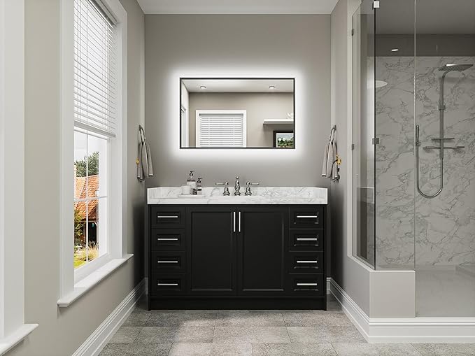 TETOTE 40 x 24 Backlit Mirror Brushed Black Metal Frame LED Light Vanity 3-Color White/Warm/Natural Stepless Dimmable Anti-Fog Backlight Mirror Wall-Mounted