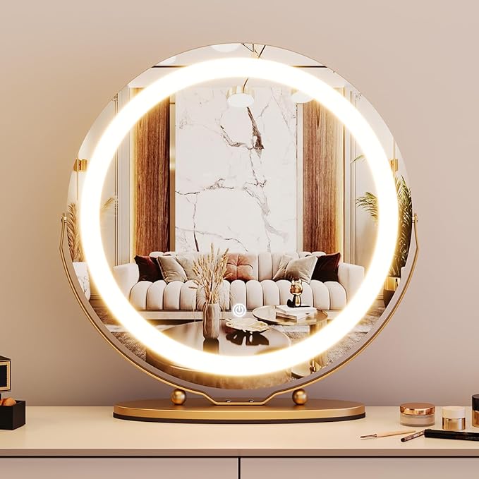 GarveeHome 19 in Vanity Mirror with Lights, Round Large LED Vanity Mirror with Smart Touch 3 Colors Dimmable, Touch Lighting, 360° Rotation for Dressing Room & Bedroom Tabletop, Easy Assembly(Gold)