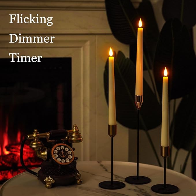 Homemory 2 Pcs Waxy Flameless Taper Candles with Remote, Flickering Battery Operated Taper Candle, Led Flameless Candlesticks Classic Tall Candles for Home, Wedding, Party, Ivory, 9.6 inches