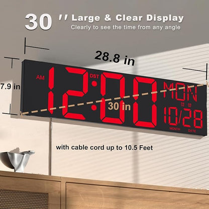 JALL 29.8" Large Digital Wall Mount Clock with Remote Control, Alarm, Big LED, Countdown, Auto DST, Temperature for Living Room Classroom Desk, Red Font