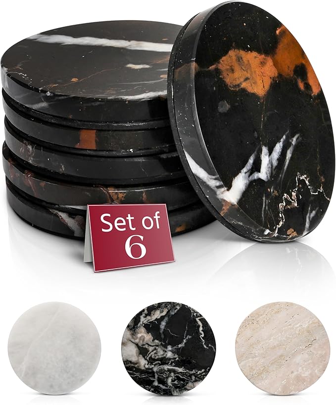 Gusto Nostro Black Marble Coasters Set of 6 with Non-Slip Backing - Luxury Natural Stone Coasters for Drinks - Genuine Marble Kitchen Accessories, Round Stone Coaster for Kitchen Counter, Coffee Table