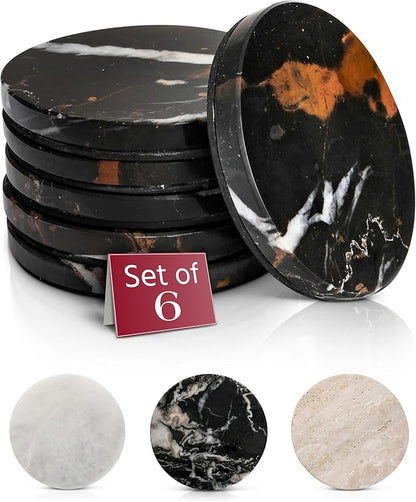Gusto Nostro Black Marble Coasters Set of 6 with Non-Slip Backing - Luxury Natural Stone Coasters for Drinks - Genuine Marble Kitchen Accessories, Round Stone Coaster for Kitchen Counter, Coffee Table
