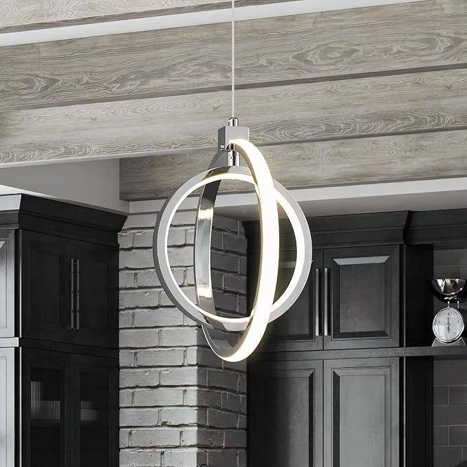 Modern LED Chandelier Chrome Ring Pendant Light Fixtures 4000K Dimmable Height Adjustable Pendant Lighting for Dining Room Kitchen Island Bedroom Living Room Foyer（1-Pack）…