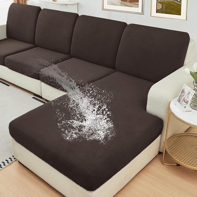 NAISI Waterproof Couch Cushion Covers Thick Velvet Fabric Washable Sofa Slipcovers Sectional Couch Covers for 3 Pieces Separate L Shape Couch Cover with Elastic Bottom(2 Seater + 1 Chaise, Coffee)