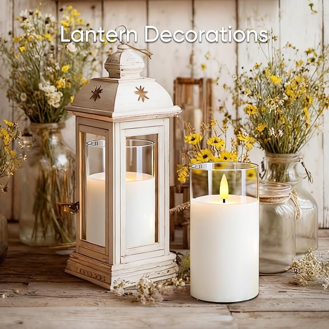 5plots Flameless Battery Operated Candles Set of 2, White LED Candles with Remote Timer, Real Wax Glass Pillar Candles Warm Flickering Light for Indoor Home, Halloween, Christmas Decor D3 x H6 6"