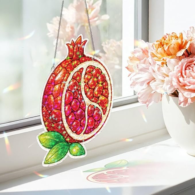 Ruby Pomegranate Fruit Acrylic Suncatcher, Window Hanging Sun Catcher Ornament, Crystal Prism Light Catcher Decor, Sunlight Window Decor, Aesthetic Home Decor Gift