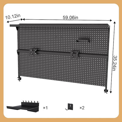 KEIKI Metal Pegboard Desk Organizer with Dual Monitor Stand, 59" x 35" Large Desk Peg Board with Hooks & Movable Panel, Office Organization and Storage Shelf for Gaming or Workstation Setup, Black