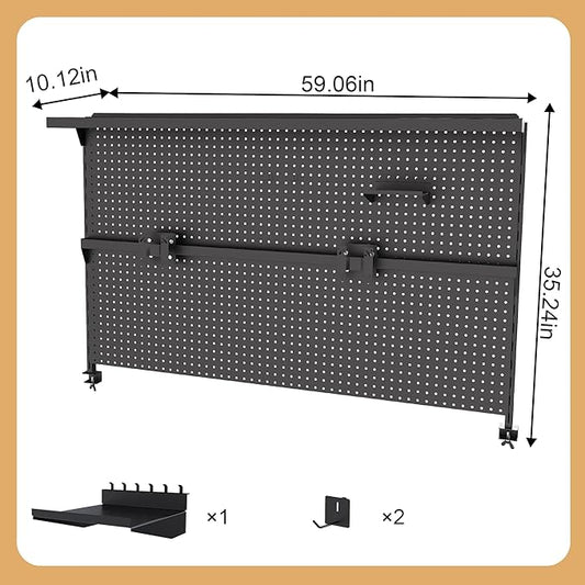 KEIKI Metal Pegboard Desk Organizer with Dual Monitor Stand, 59" x 35" Large Desk Peg Board with Hooks & Movable Panel, Office Organization and Storage Shelf for Gaming or Workstation Setup, Black