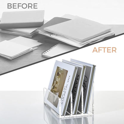3 Compartments Clear Acrylic Mail Holder – Vertical Letter Sorter & Multifunction Desk Organizer for Bills, Documents, Notebooks – Modern Office/Home Envelope File Rack