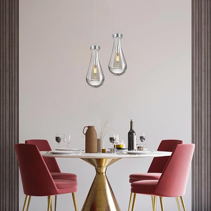 Raindrop Pendant Lights Kitchen Island Teardrop Chrome Hanging Light Fixtures Clear Solid Glass Pendant Light Modern Chandeliers for Dining Room Porch Corridor Living Room…
