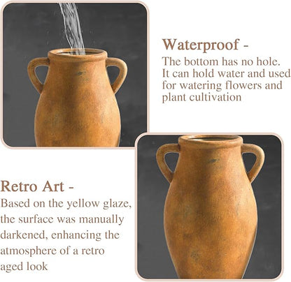 Ceramic Rustic Vase, Vintage Flower Vase with Handle, 9 inch Farmhouse Pottery Flower Vase for Home Decor, Living Room Shelf Decor, Enterway, Table