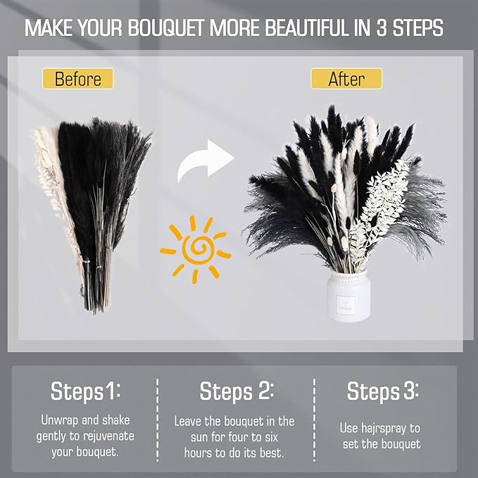 102PCS Black Pampas Grass Decor, Grey White Natural Dried Pampas Grass Bulk, Boho Home Decor Bouquet, Black and White Dried Flowers Decor, Wedding Floral Arrangements Table Vases Modern Decorations