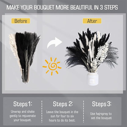 102PCS Black Pampas Grass Decor, Grey White Natural Dried Pampas Grass Bulk, Boho Home Decor Bouquet, Black and White Dried Flowers Decor, Wedding Floral Arrangements Table Vases Modern Decorations
