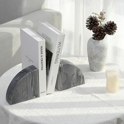 Marble Bookend for Shelves, Non-Skid Bookends for Heavy Books, Heavy Duty Book Stopper for CDs, Luxury Book Shelf Holder, Quarter Circle Design Book Ends Decorative, Monte Grigio, Set of 2