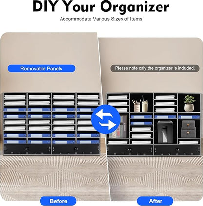 Literature Organizer with 32 Compartments | Adjustable Desktop File Sorter Mail Center for Home, Office & Classroom | PVC Paper Storage Cabinet with 2 Drawers and Shelves, Black