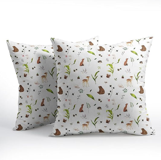 Neutral Spring Pillow Covers 16x16 Set of 2 Forest Throw Pillow Covers Rustic Pillowcase Linen Decoration Farmhouse Soft Decorative Plants Animals Cushion Case Couch for Indoor Outdoor Home Decor