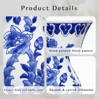 Blue and White Ceramic Vase, 11 Inch Tall Flower Vase in Floral Pattern, Large Retro Chinoiserie Vase Decor Side Table Centerpiece Living Room Bookshelf, Antique Grand Millennial Decor