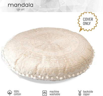 Mandala Life ART Bohemian Floor Cushion Cover –24 inches - Room Décor Decorative Round Pillow Case for Meditation, Yoga, and Boho Chic- Seating Area