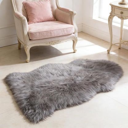 Grey Samll Faux Fur Sheepskin Area Rug for Living Room Bedroom, 2 x 3 Feet Ultra Soft Shaggy Fuzzy Furry Carpet Chair Throw Rugs for Kids, Girls, Nursery Room Decor Dorms