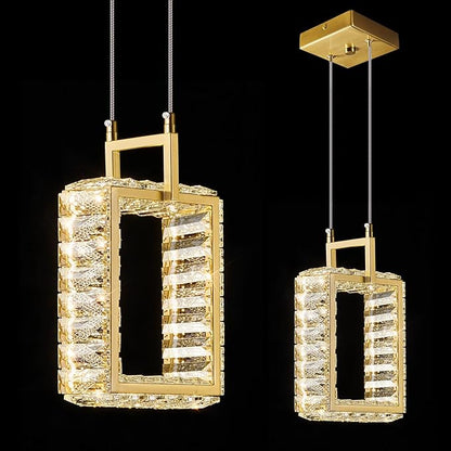 Kitchen Island Mini Light Fixture Modern Led Crystal Pendant Light Gold Rectangle Chandelier for Dining Room Living Room Kitchen Bedroom Bar（1-Pack）
