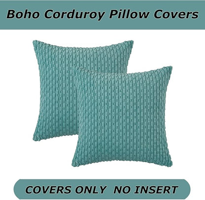 Kevin Textile Throw Pillow Covers Soft Corduroy Decorative Set of 2 Boho Striped Pillow Covers Pillowcases Farmhouse Home Decor for Couch Bed Sofa Living Room 20x20 Inch Aqua Green