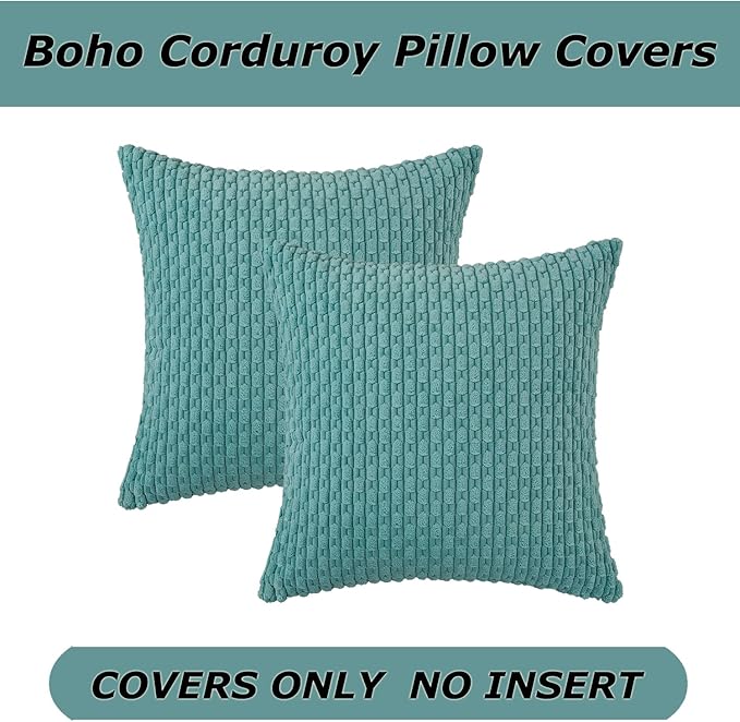 Kevin Textile Throw Pillow Covers Soft Corduroy Decorative Set of 2 Boho Striped Pillow Covers Pillowcases Farmhouse Home Decor for Couch Bed Sofa Living Room 24x24 Inch Aqua Green