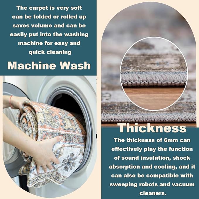 Washable Area Rug 9'x12' Floral Blue Boho Design Non-Shedding Easy Care Ideal for High Traffic Areas in Living Room Bedroom Office Coffee Table Kitchen Large Carpet