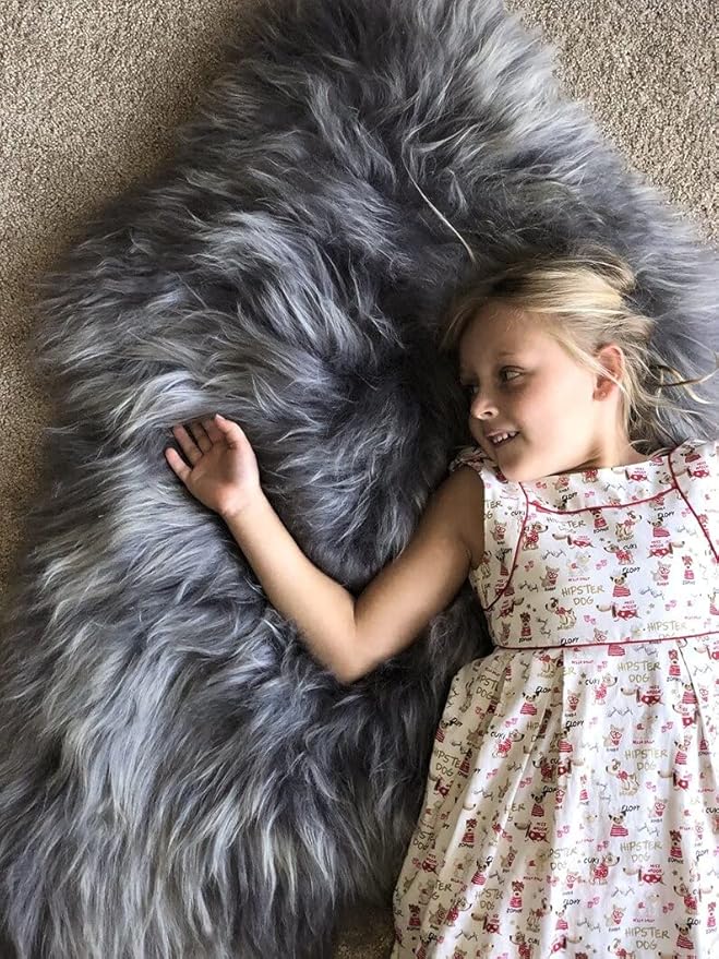 HUAHOO Premium Genuine Sheepskin Rug Grey Real Australia Sheepskin Natural Luxury Fluffy Lambskin Fur Area Rug for Kids Bedroom Sofa Chair Cover Pets Dogs Mat Double Pelt/2' x 6' Silver Grey