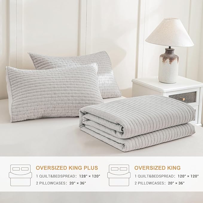 Sanracie Stonewashed Cotton Oversized King Bedspread(128"x120"), Soft Light Wheat Color Extra Large Wide Oversized Quilt Sets Cross Stitch Lightweight Crinkle Coverlet Set 3Pcs for All Season