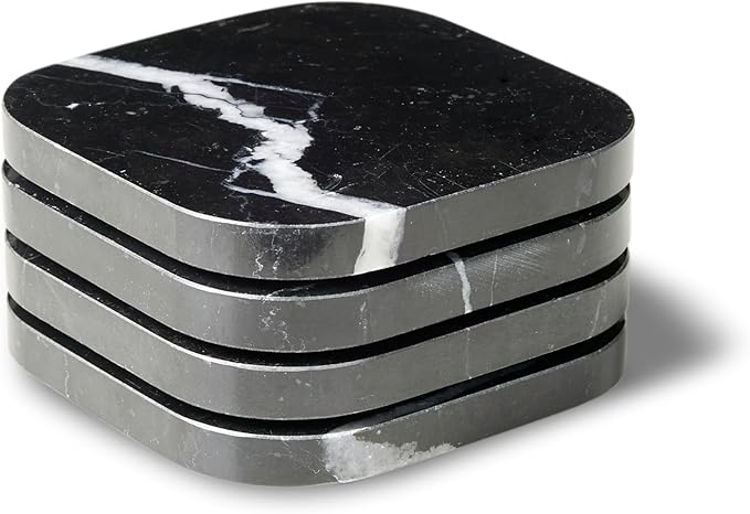 Marble Coasters for Drinks – Square Set of 4 Stone Holders for Dinning Tables, Coffee Tables (Black Marquina)