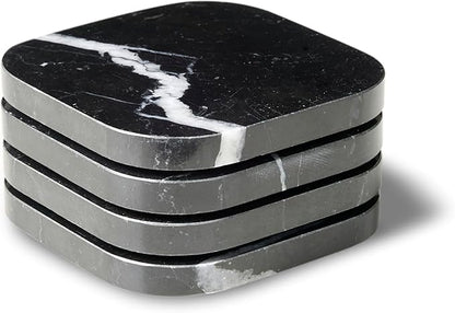 Marble Coasters for Drinks – Square Set of 4 Stone Holders for Dinning Tables, Coffee Tables (Black Marquina)