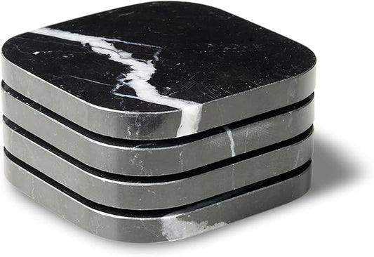 Marble Coasters for Drinks – Square Set of 4 Stone Holders for Dinning Tables, Coffee Tables (Black Marquina)