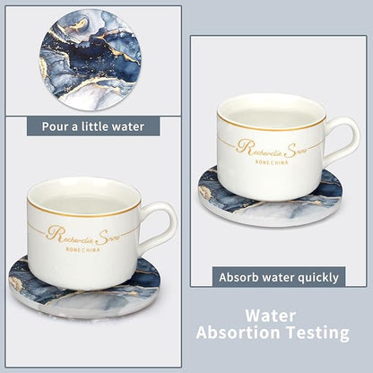 Coasters Set of 6, Navy Blue Marble Abstract Round Ceramic Coasters with Holder, Best Absorbent Drink Coaster Set, Coffee Table Decor for Home Decor House Warming Gifts New Home