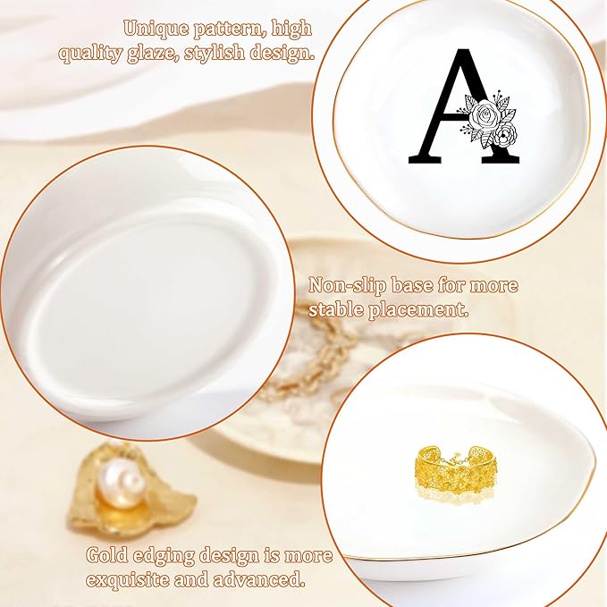 JoycuFF Initial A Ceramic Jewelry Tray, Bridesmaid Bride Gifts, Engagement Birthday Best Friend Mom Grandma Sister Gifts for Women, Trinket Dish for Rings Earrings Necklaces Bracelets Keys