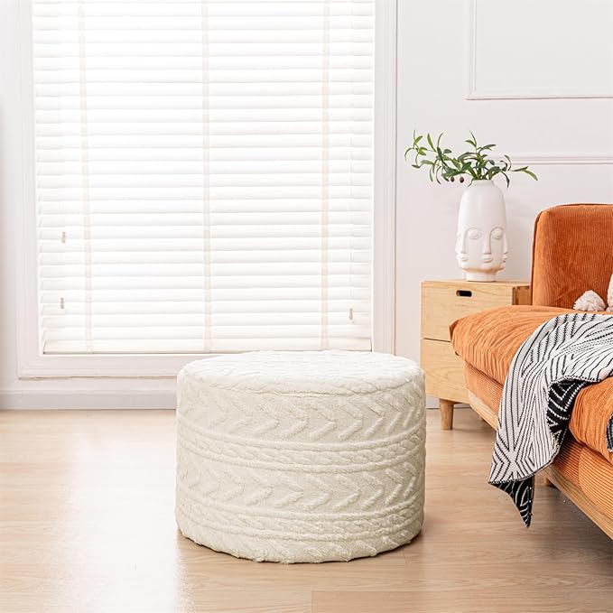 Boucle Pouf Ottoman and Foot Rest 20 x 20 x 14 Inches Floor Pouf Boho Foot Stool Home Decor for Couch Sofa Bean Bag Chairs Cream
