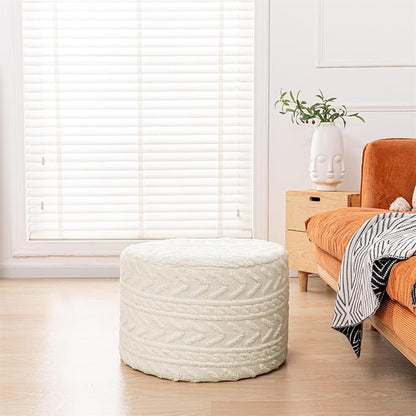 Boucle Pouf Ottoman and Foot Rest 20 x 20 x 14 Inches Floor Pouf Boho Foot Stool Home Decor for Couch Sofa Bean Bag Chairs Cream