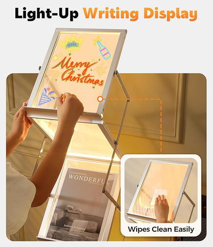 LED Magazine Rack Floor, Sleek Brochure Display with LED Message Writing Board, Mobile Magazine Holder for Trade Shows/Exhibition/Office/Restaurant/Menu Sign with Pens
