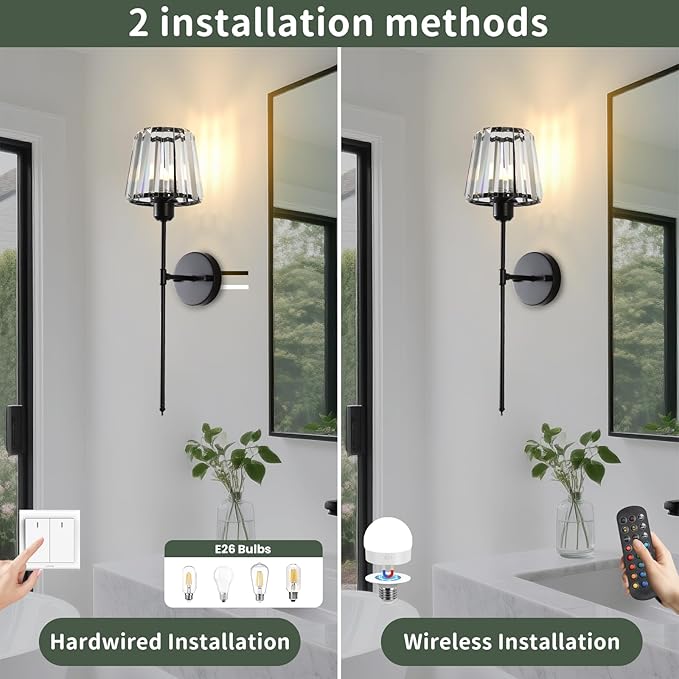 Battery Operated Crystal Wall Sconce Set of 2, Matte Black Wireless Wall Light with Remote Control, LED Dimmable 15 Colors USB Rechargeable Light Bulbs Wall Lamp for Bedroom Living Room Hallway