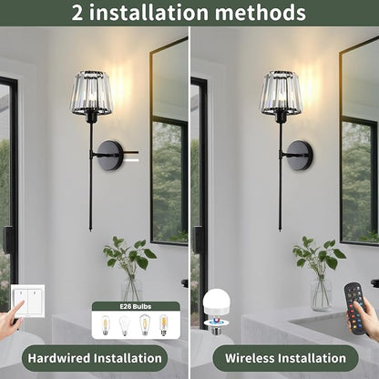 Battery Operated Crystal Wall Sconce Set of 2, Matte Black Wireless Wall Light with Remote Control, LED Dimmable 15 Colors USB Rechargeable Light Bulbs Wall Lamp for Bedroom Living Room Hallway