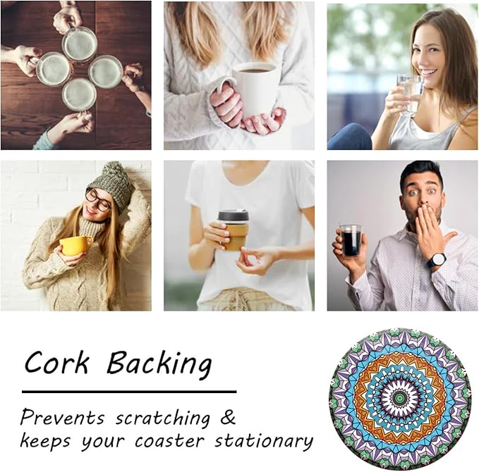 Coasters Set of 6 Mandala Pattern Ceramic Drink Coaster with Cork Base Modern Style Coasters for Mugs and Cups Office Kitchen 4 in