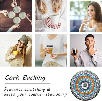 Coasters Set of 6 Mandala Pattern Ceramic Drink Coaster with Cork Base Modern Style Coasters for Mugs and Cups Office Kitchen 4 in