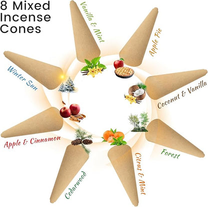 STRN Incense Cones 120 Scented Cones for All Seasons, Assorted Cone Incense Scents with Incense Holder, Vanilla Mint Coconut Cedarwood Apple Pie Forest Citrus Cinnamon