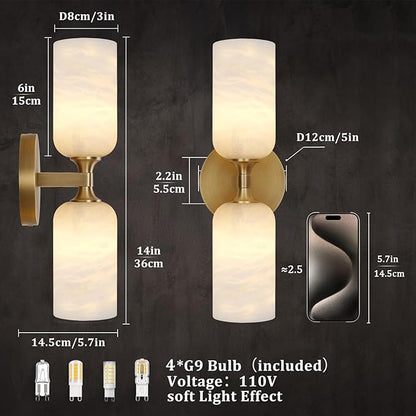 Alabaster Wall Sconces Set of 2, 14in Modern Spanish Natural Marble Vanity Light, Dimmable Hardwired Brass Gold Wall Sconce Lighting for Bathroom Mirror, Bedroom, Luxury Natural Stone Wall Fixtures