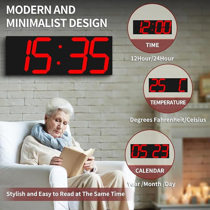 18.7‘’Large Digital Wall Clock,LED Digital Clock with Big Number,Multi-Function Remote Controlled Wall Clock with Timer, Alarm and Calendar Display(Red)