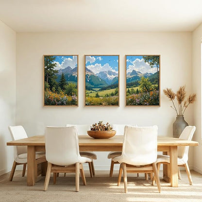 HLNIUC Green Forest Mountain Landscape 3 Piece Wall Art Framed, Colorful Wildflower Nature Wall Decor(24x36), Blue Sky White Cloud Canvas Painting, Woodland Tree Print for Living Room, Bedroom, Office