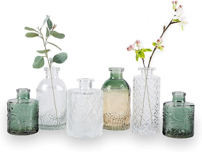 Bud Vase Set of 6, Small Flower Vases for Decorative, Gradient Glass and Embossed Vintage Style Mini Bottles for Home Décor, Centerpiece 3.3"-5.2''H(Clear+Green)